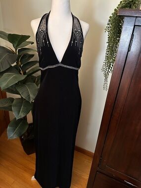 Laura Ryner Black Halter Evening Gown with Rhinestone Accents